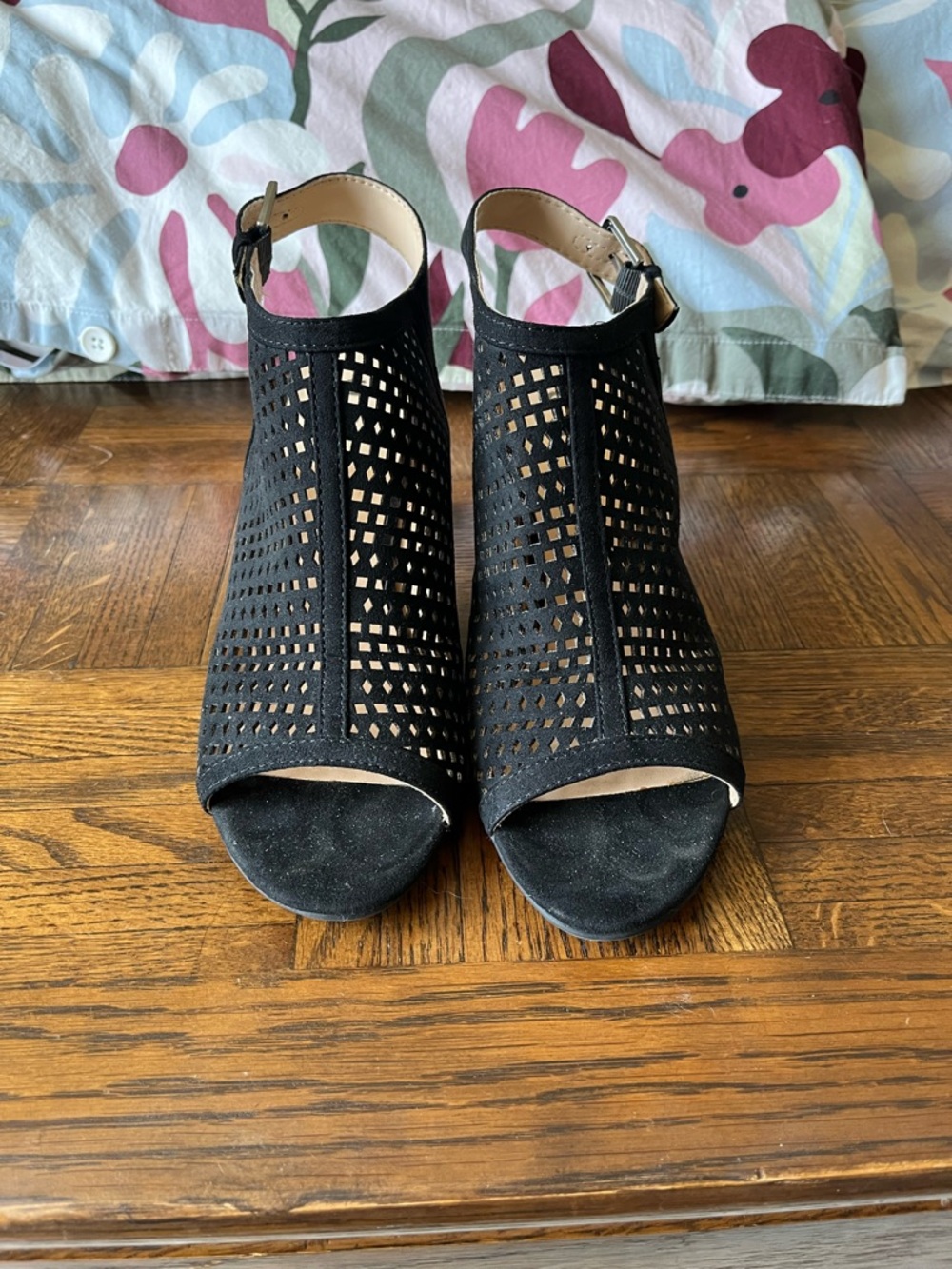 Unisa Black Perforated Peep-Toe Ankle Strap Heels